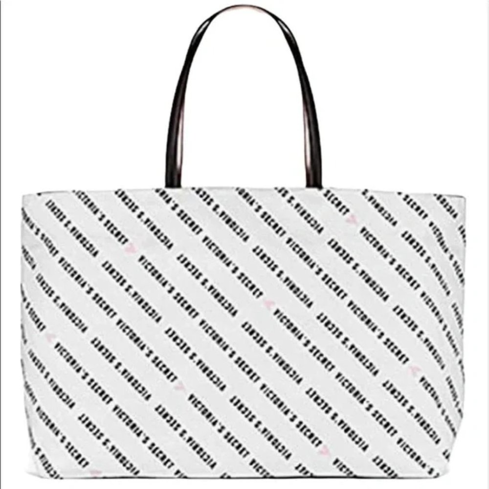 Victoria's Secret Tote Bag White Black Heart Logo Zip Top